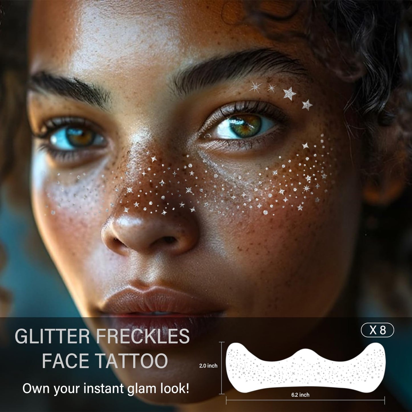 8 Pcs Silver Face Makeup Patches, Silver Glitter Freckles Face Tattoo, Glitter Freckles, Sparkle Makeup Patches, Waterproof Face Glitter Speckles Patches for Women