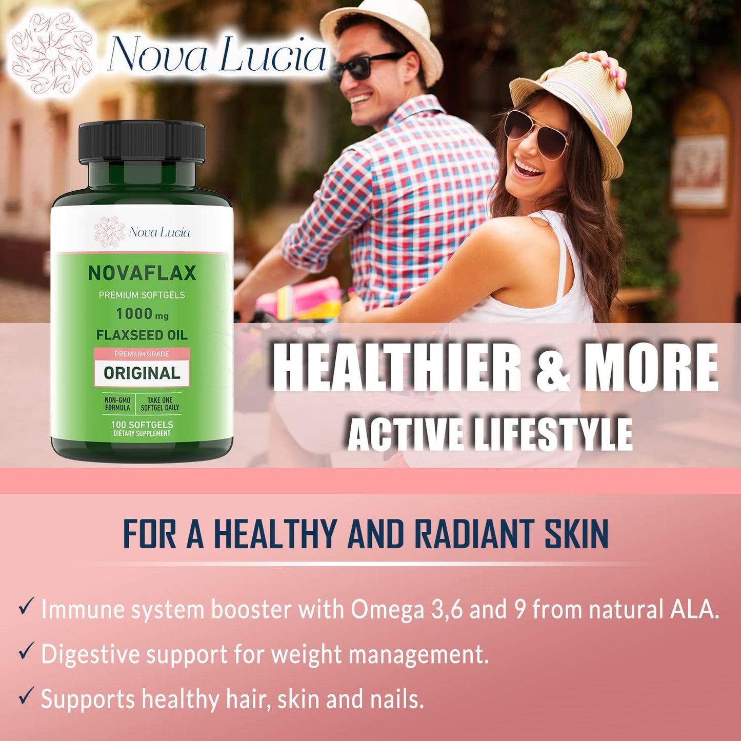 Nova Lucia Organic Flaxseed Oil Capsules 1000mg – Omega 3 6 9 Softgels for Hair, Skin & Nails – Non-GMO, Gluten-Free, Hexane-Free, Easy to Swallow – 100 Liquid Softgels