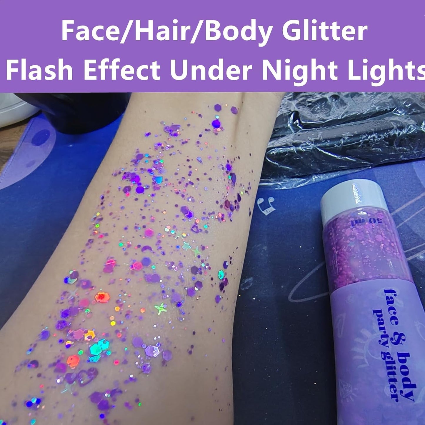 Go Ho Light Purple Face Body Glitter - Party Flash Festival Rave Outfits for Women&Kids,Holographic Glitter Face Paint,Halloween Mermaid Fairy Makeup Chunky Sequins Gel,Rave Pride Accessories