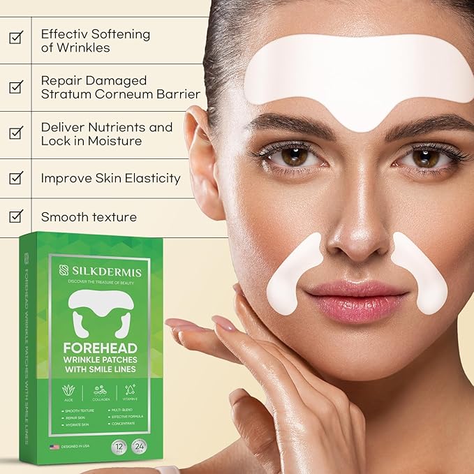 Forehead Wrinkle Patches 12Pcs with Smile Line Patches 24Pcs with Aloe, Collagen, Vitamin E, Forehead Wrinkles Treatment and Smile Lines Treatment