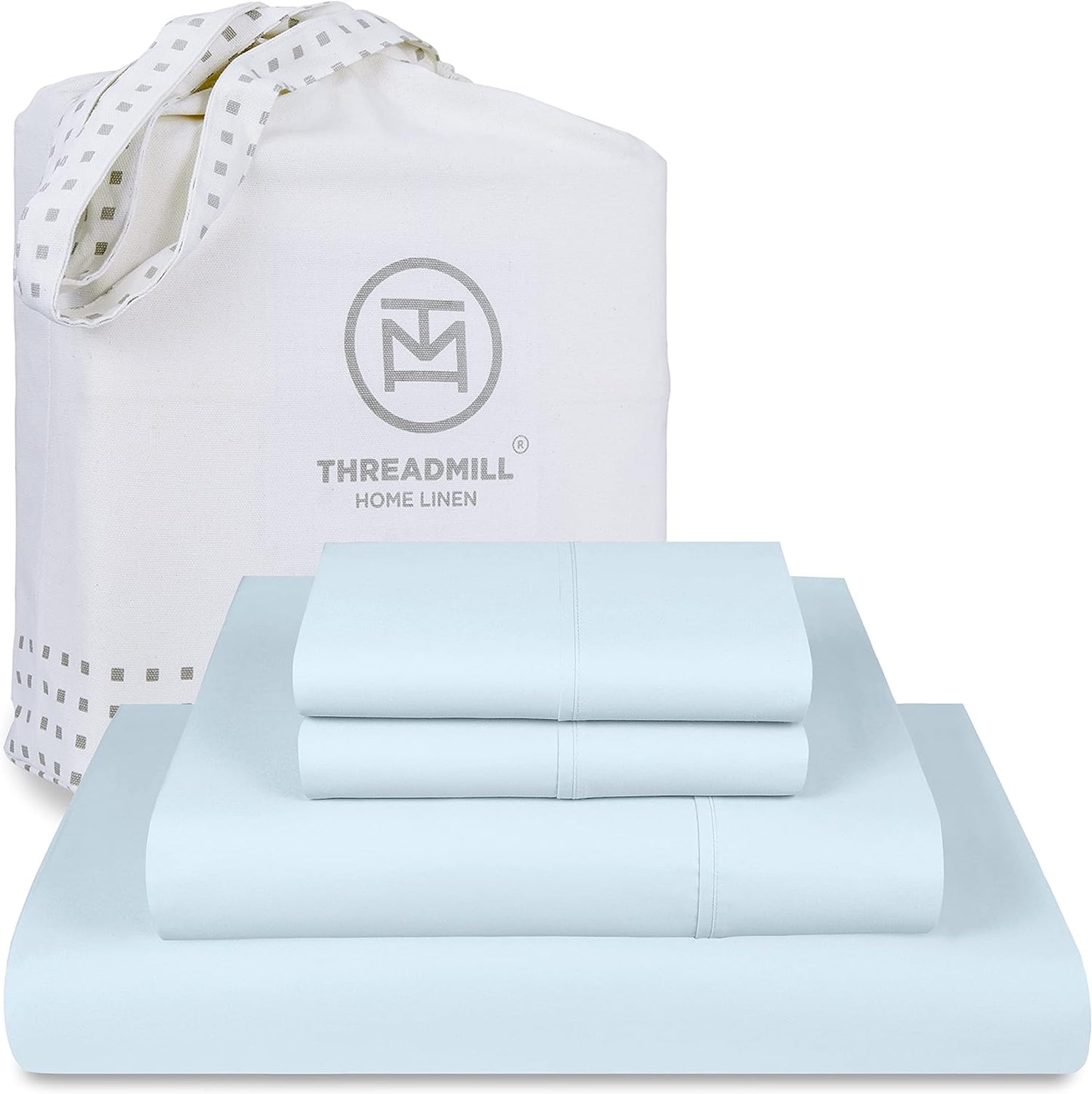 Threadmill Cotton Full Size Sheet Set, Deep Pocket, Fade Resistance, 500 Thread Count, Solid 4-Piece Bed Sheets for Full Size Mattress (1 Flat, 1 Fitted Sheet, 2 Pillow Covers), Light Blue