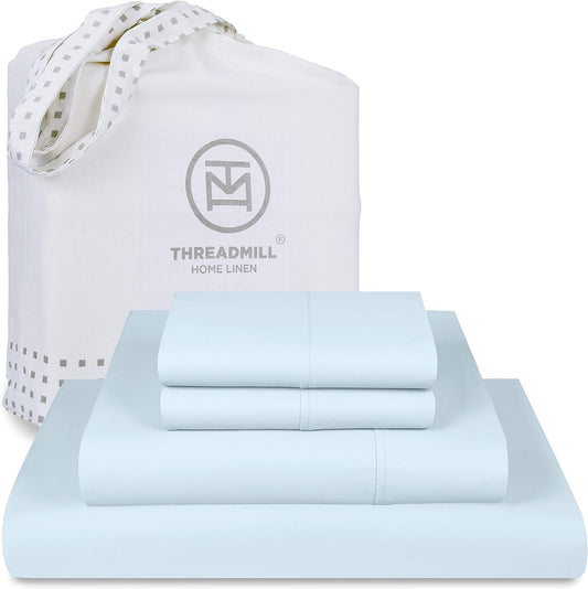 Threadmill Cotton Full Size Sheet Set, Deep Pocket, Fade Resistance, 500 Thread Count, Solid 4-Piece Bed Sheets for Full Size Mattress (1 Flat, 1 Fitted Sheet, 2 Pillow Covers), Light Blue