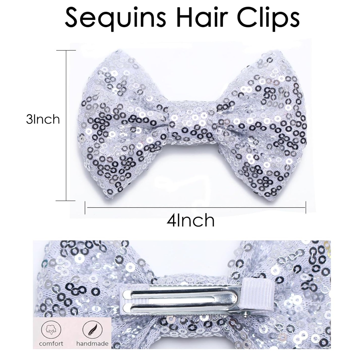 KISZU 4 Inch Sequin Glitter Hair Bows Clips, Sparkling Bling Little Bow HairPins Hair Accessories for Baby Girls Kids Children Teens and Women (Sliver)