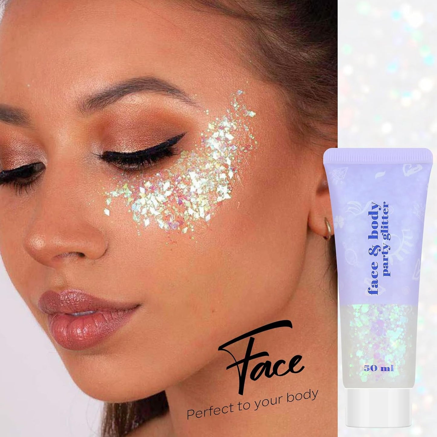 Clear White Face Body Hair Glitter Gel, Party Concerts Face Paint Mermaid Holographic Chunky Festival Rave Accessories Glitter Makeup, 6 Kinds of Sparkling Sequins for Hair Nail Eye Lip Body
