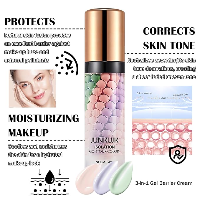 One Step Color Corrector,Color Correcting Foundation Facial Serum,Moisturizing Concealer Tri-Color Correcting Isolation Cream Face Makeup Primer Base