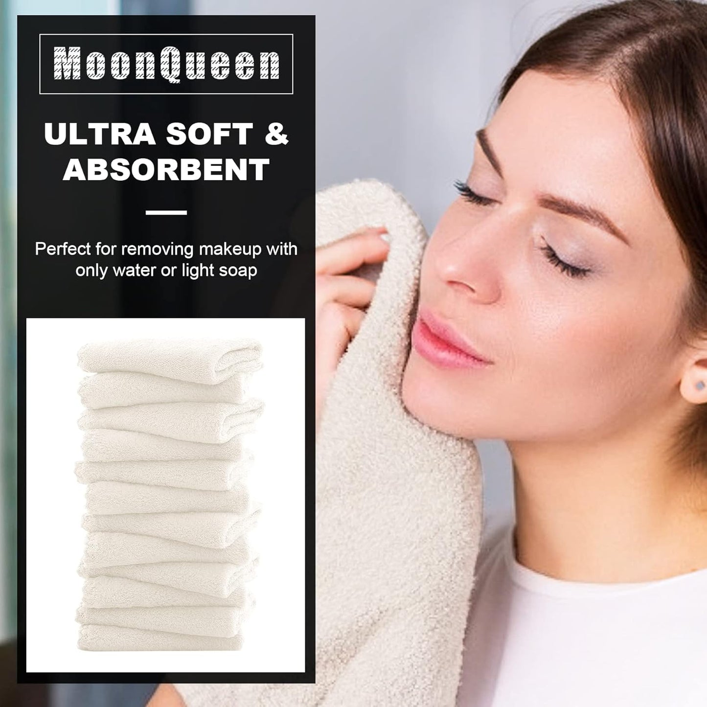 MOONQUEEN Microfiber Facial Cloths Fast Drying Washcloth 12 Pack - Premium Soft Makeup Remover Cloths - Cream