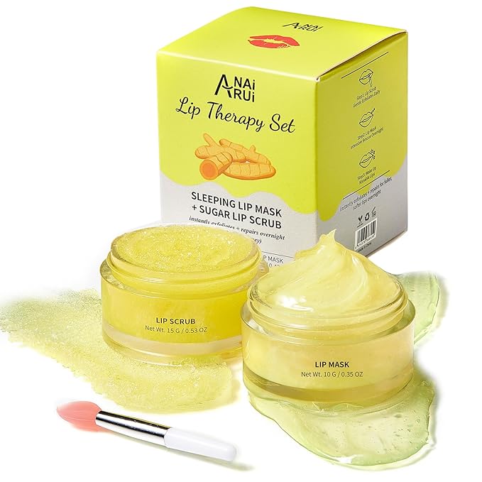 ANAI RUI Lip Care Kit - Sugar Scrub Set, Sleeping Mask & Exfoliator - Overnight Skin Treatment - Scrub & Moisturizer for Dry Chapped Cracked Peel Lips (Turmeric+Honey)