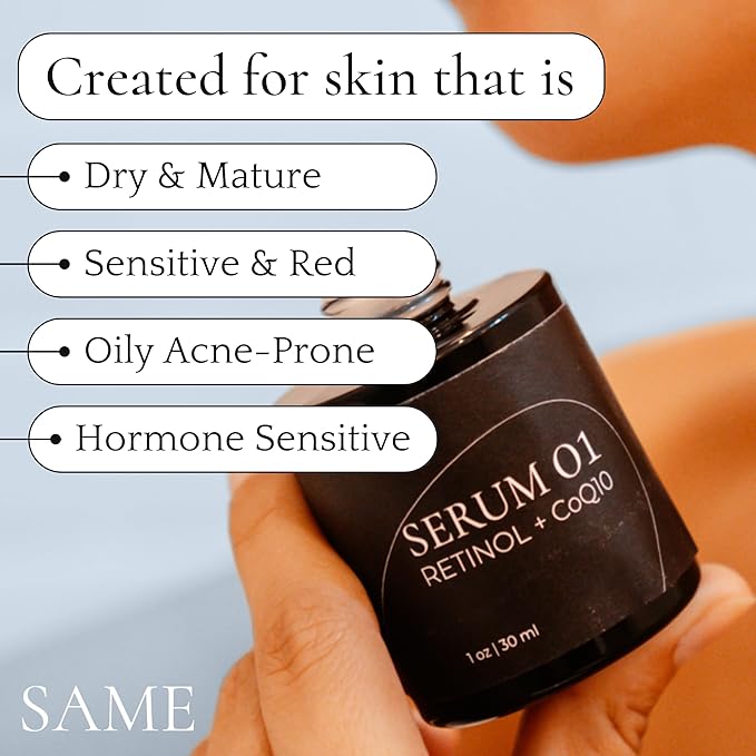 Same Skincare Face Serum 01: CoQ10 Retinol Serum for Face, Vitamin C, Hyaluronic Acid, Facial Serum Supports Anti Aging, Acne, Skin Texture, Fine Lines & Wrinkles, Organic, Vegan, Cruelty Free, 1 oz