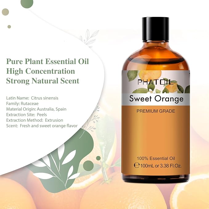 Sweet Orange 3.38fl.oz Essential Oil, PHATOIL Aromatherapy Essential Oils for Diffuser, Humidifier, Perfect for DIY Soap, Candle, Bath Bombs Making(100ml)