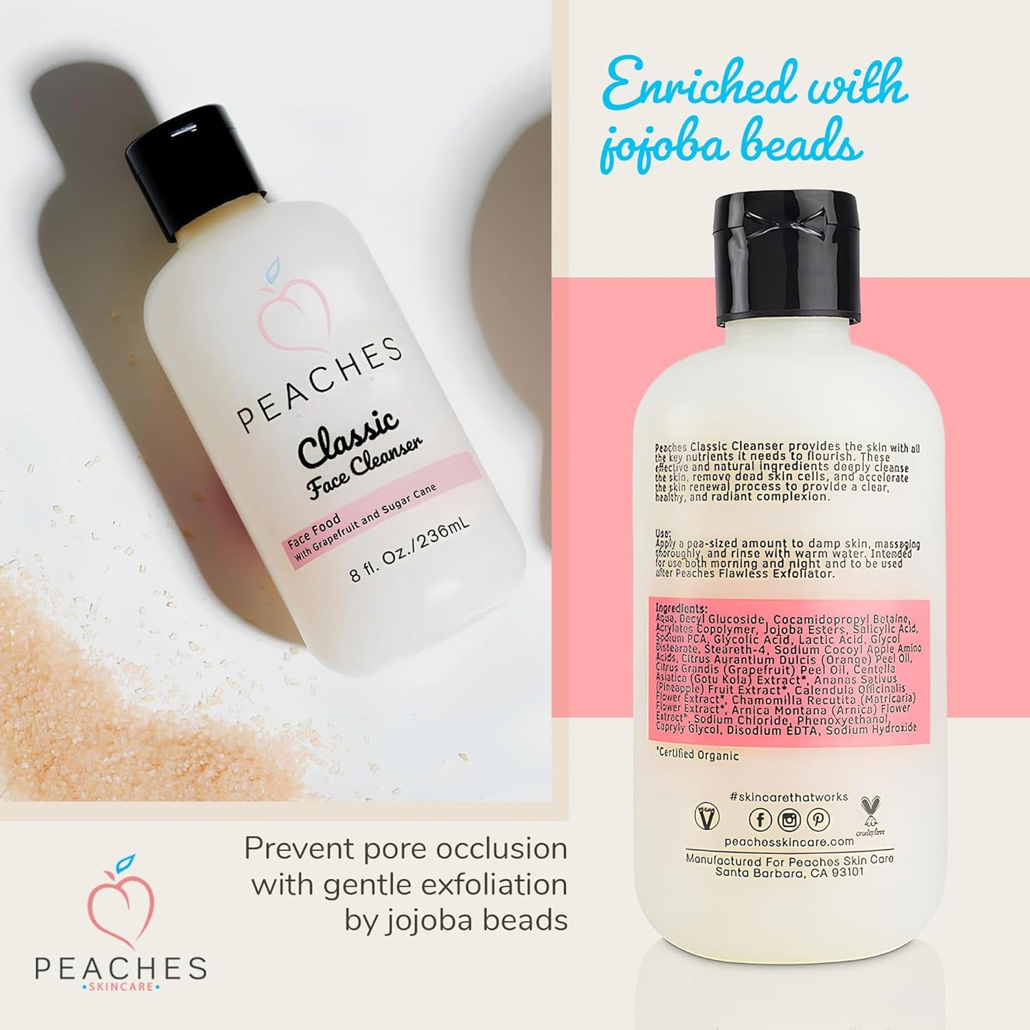 Hydrating Facial Cleanser – Gentle Daily Face Wash with Grapefruit, Sugar Cane, and Gotu Kola – Lightly Exfoliating Vegan Formula for All Skin Types – Classic Cleanser (8 oz)