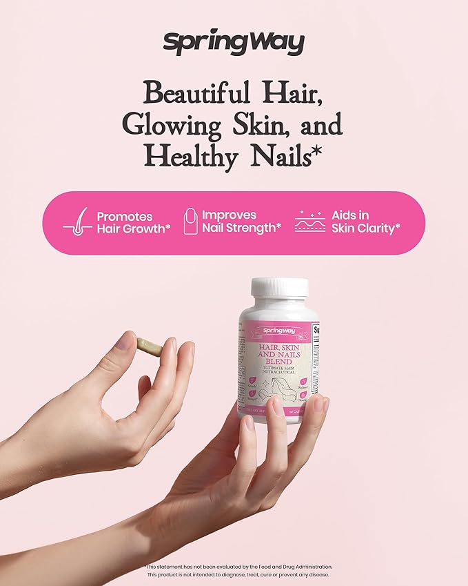Hair Skin & Nails Blend, Ultimate Hair Nutraceutical With Biotin 5000mcg, Vitamins A, B6, C, D, Supports Healthy Hair, Supports Faster Hair Growth, Healthy Skin, Stronger Nails, 60 Capsules