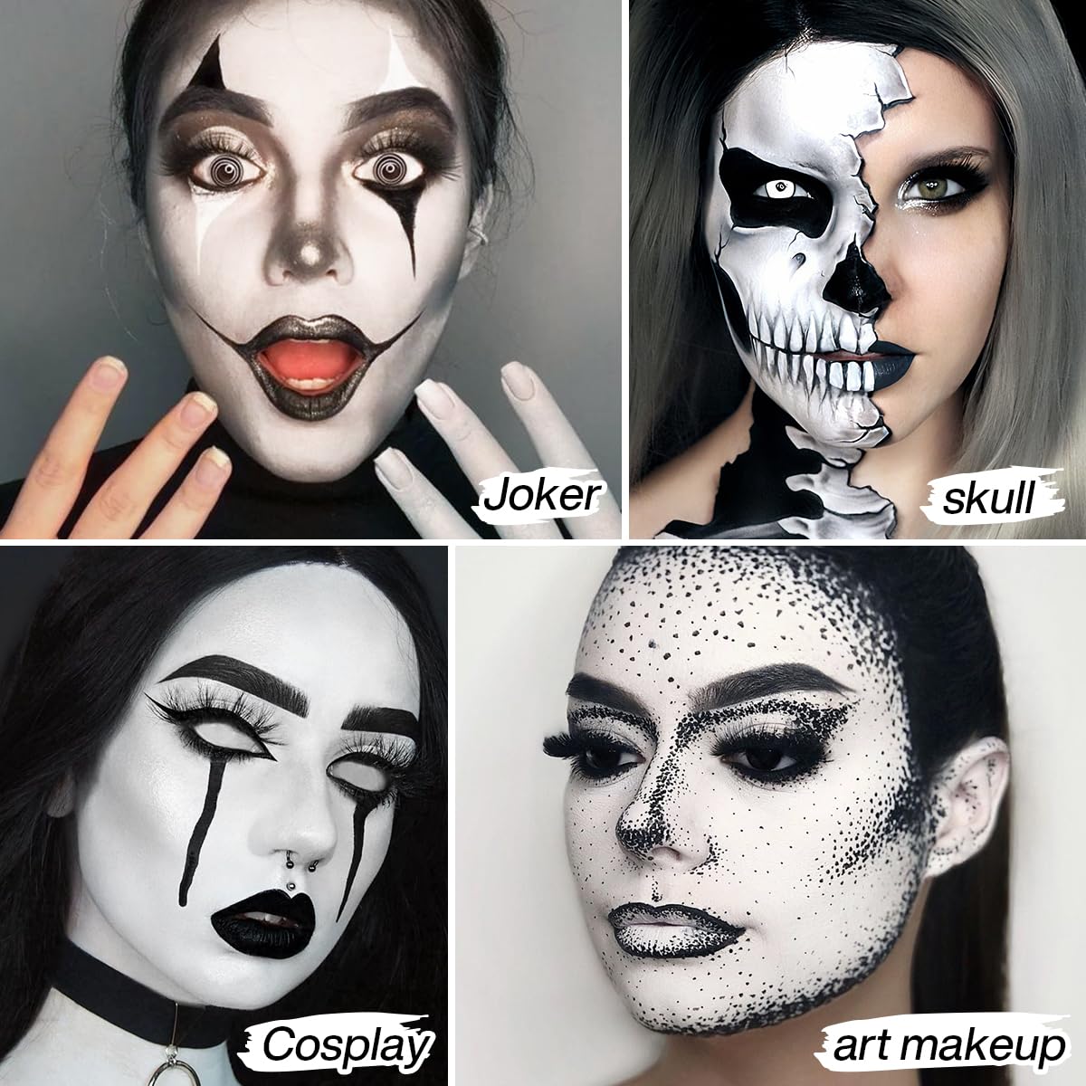 Halloween Black White Face Paint, Goth White Foundation Makeup Cream To Powder Greasepaint, Emo Gothic Clown Cosplay Face Painting Full Coverage, Eye Black Body Paint SFX Cary Skeleton Zombie Costume