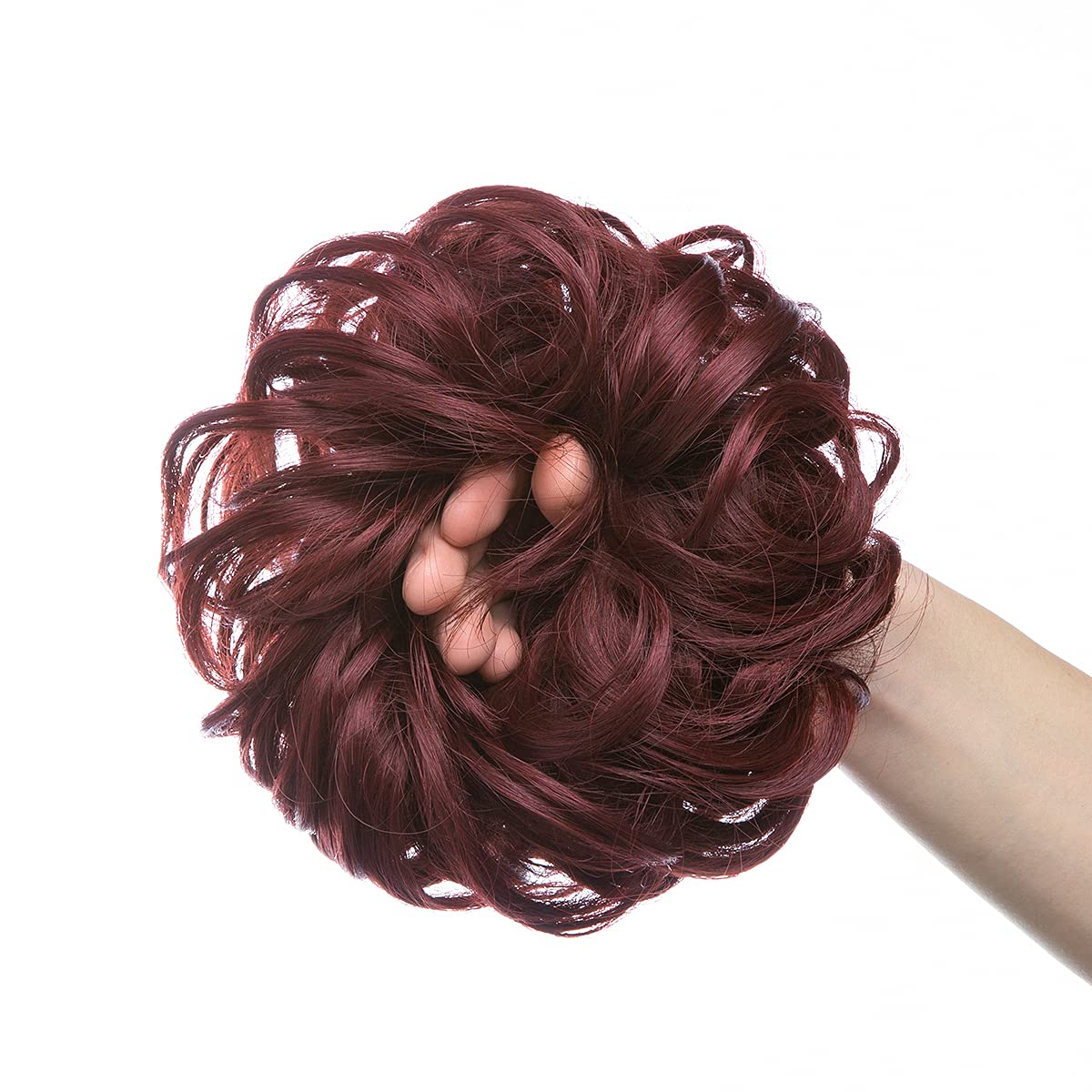 CJL HAIR Burgundy Large Messy Bun Hair Piece Wavy Curly Scrunchies Synthetic Chignon Ponytail Hair Extensions Thick Updo Hairpieces for Women Wine Red