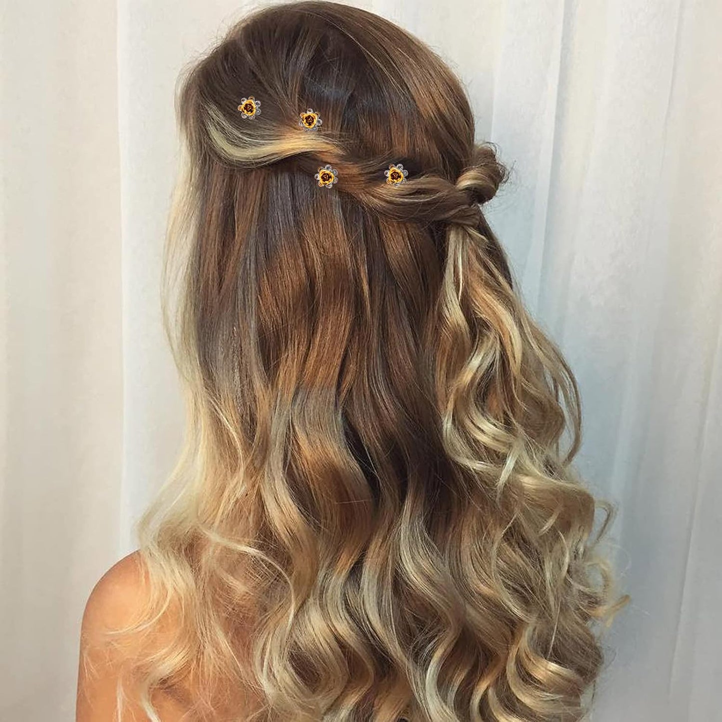 20 Pack (Yellow) Crystal Hair Pins Rose Flower Rhinestone Hair Clips for Bridal Wedding Women Hair Jewelry Accessories, with Clear Container