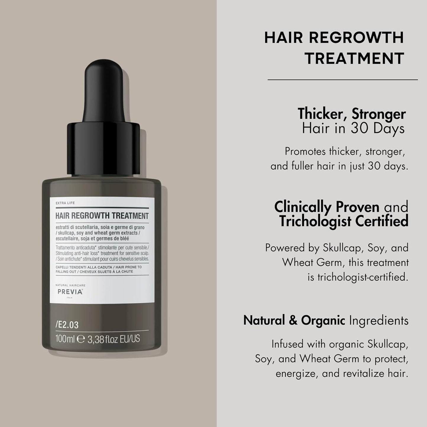 PREVIA Hair Regrowth Treatment | Formulated with Skullcap Extract, Soy & Wheat Germ | Clinically Proven Formula for Thicker & Stronger Hair | 3.38 Oz