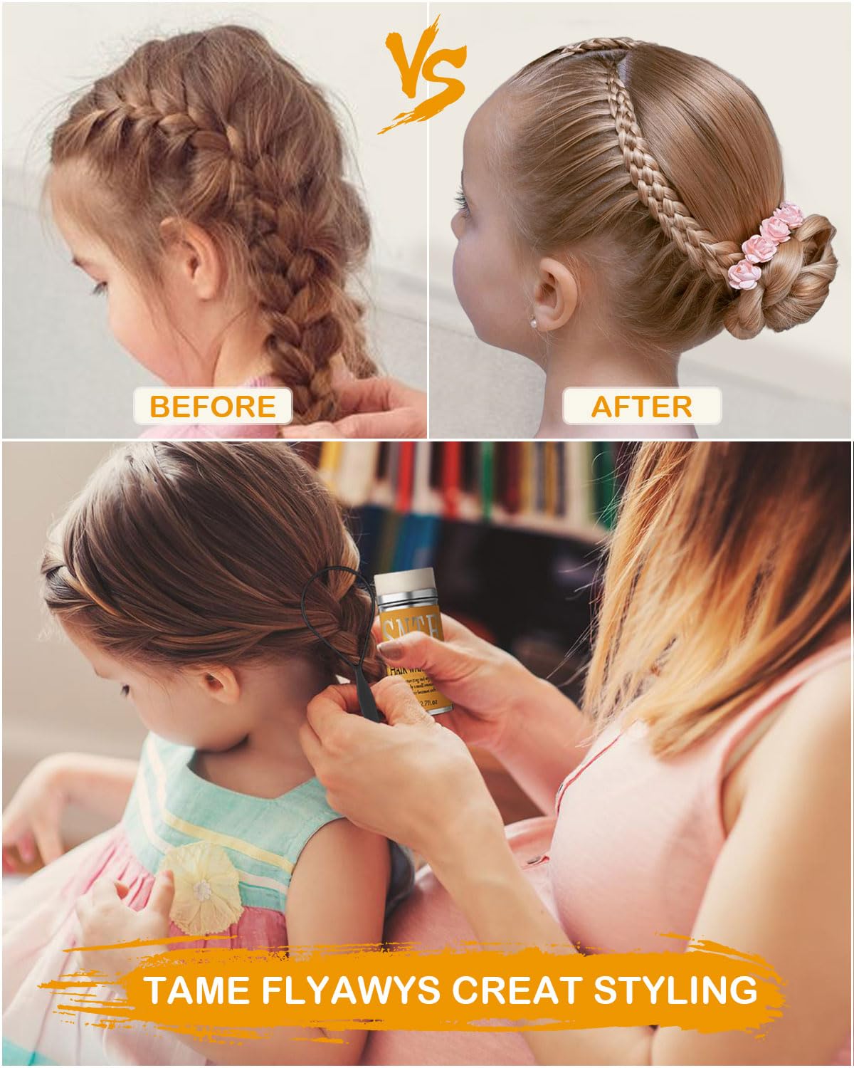 Hair Wax Stick - Slick Back Hair Brush Set 6Pcs, Wax Stick for Hair Flyaways, Bun Accessories, Non-greasy Styling Cream for Women, Kids & Teen Girls