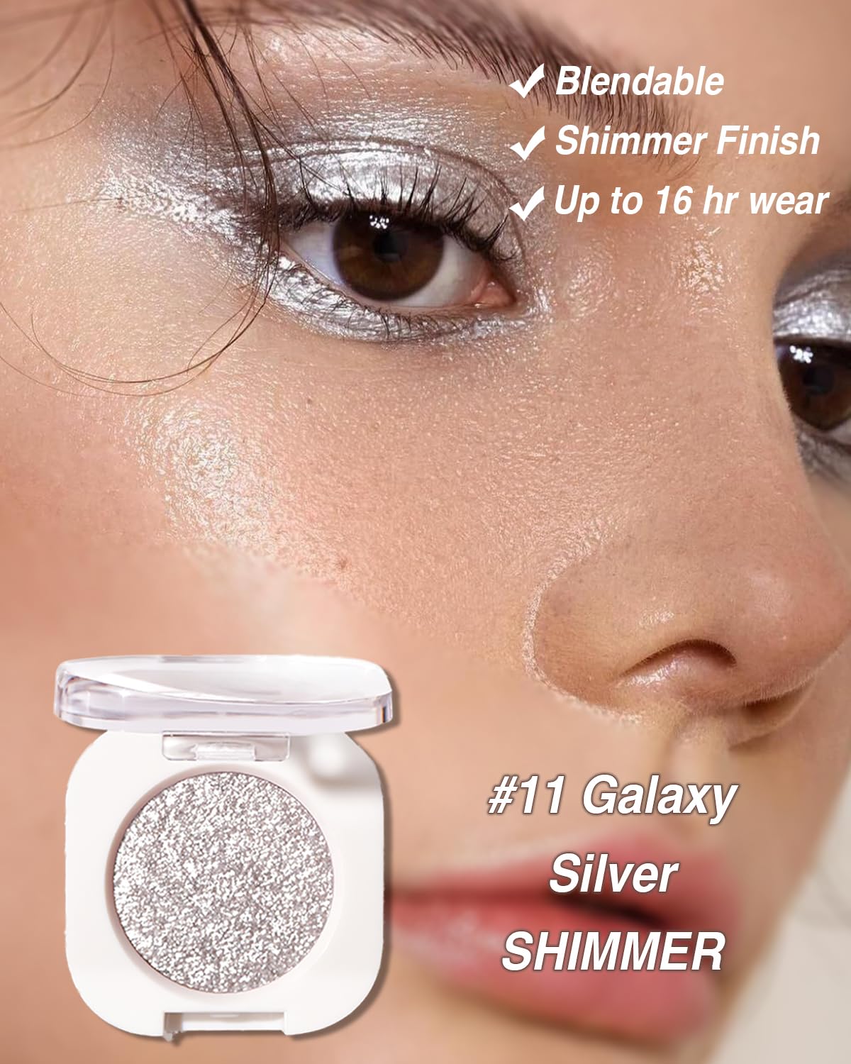 Glitter Shimmer Eyeshadow, Pigmented, Soft, Smooth Formula, Blendable Sparkly Eye Shadow, Long-lasting Metallic and Shimmer Finish, Galaxy Silver