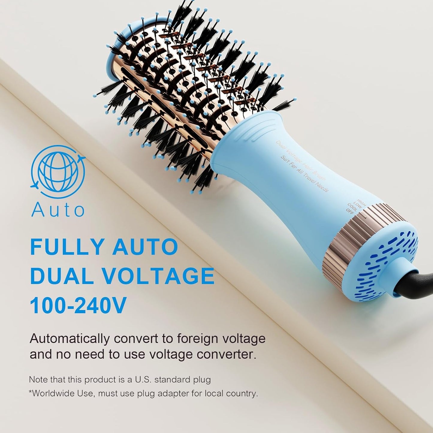 Travel Size Hair Dryer Dual Voltage Hair Styler, 110-240V 2 Inch Oval Jet Brush, Blow Dryer with Universal Adapter for Worldwide Use