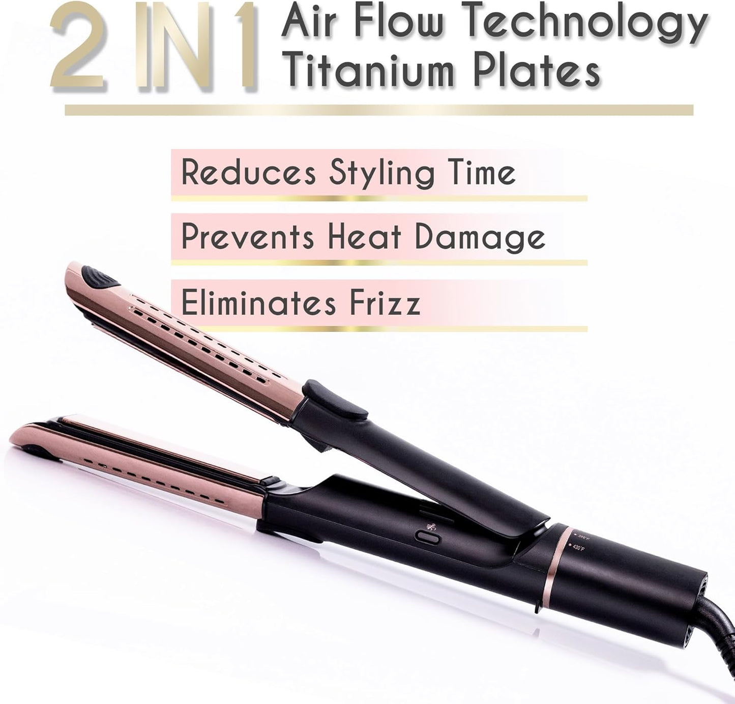 ELLA BELLA® Hair Straightener and Air Curler 2 in 1 • Titanium Flat Iron Curling Iron in One • Cooling Air Vents to Effortlessly Lock in Style • Multiple Looks, Professional Salon Results