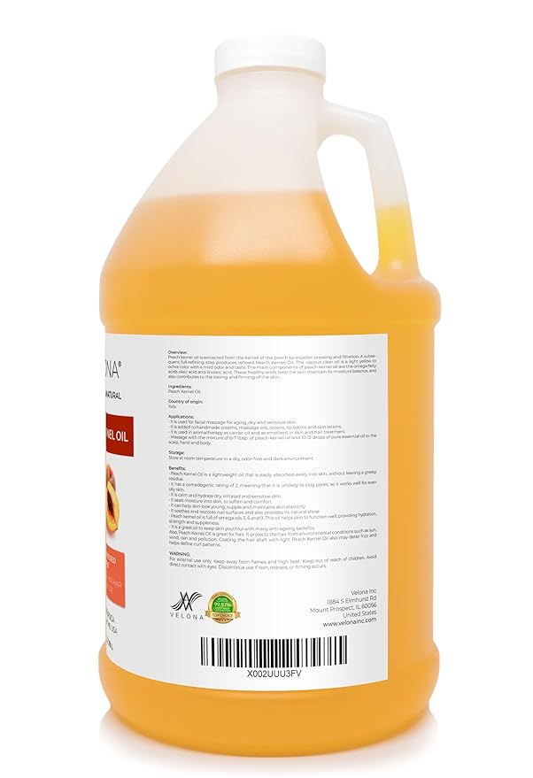 velona Peach Kernel Oil 1 Gallon / 128 Fl Oz | 100% Pure and Natural Carrier Oil | Refined, Cold pressed | Cooking, Skin, Hair, Body & Face Moisturizing | Use Today - Enjoy Results
