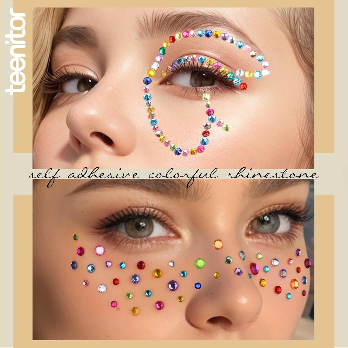 Teenitor Face Gems Self Adhesive Face Rhinestone Face Jewels, 650pcs Makeup Rhinestones, Stick On Rhinestones for Makeup, Gems for Face, Hair, Body, Eye