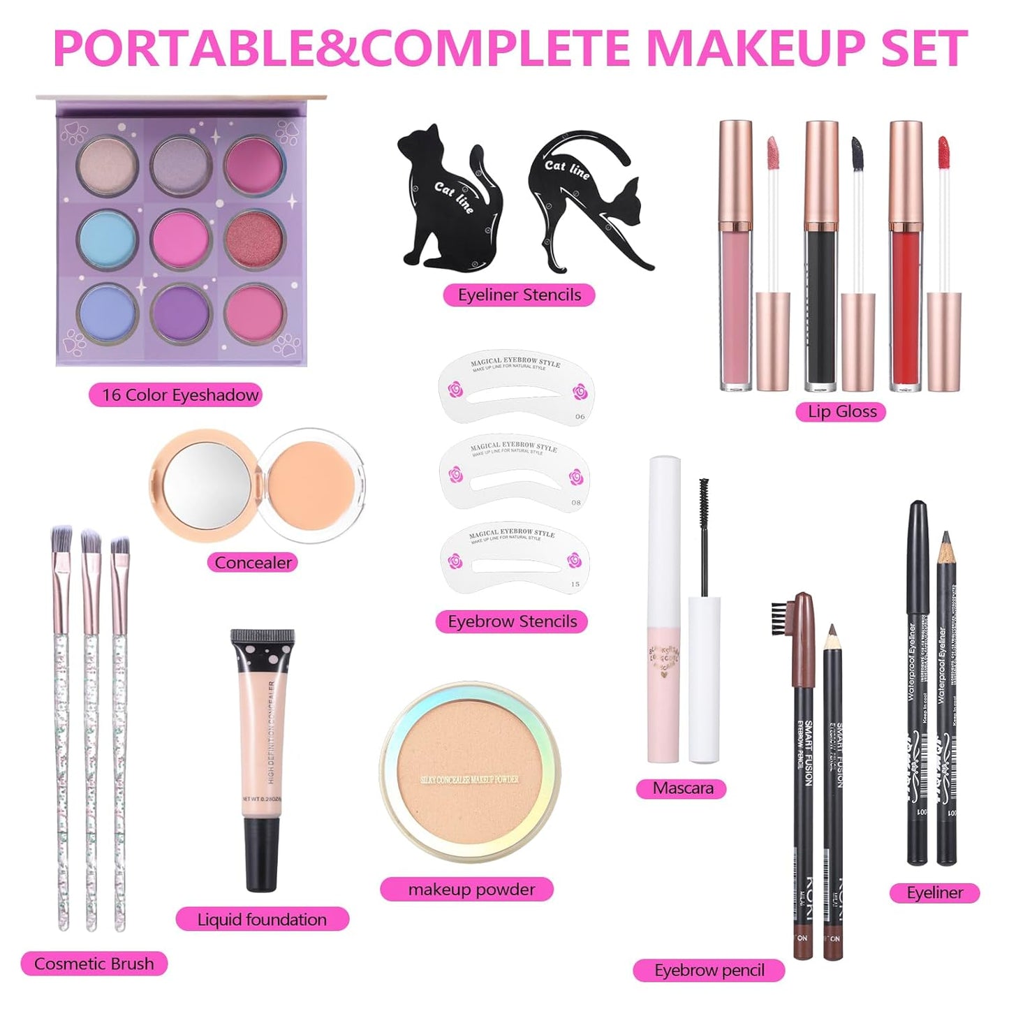 Makeup Kit Set For Teens, Make Up Gift For Women,Includes Eyeshadow Palette, Lip Gloss, Mascara, Eyeliner, Foundation, Concealer, Brushes Set (kit091)