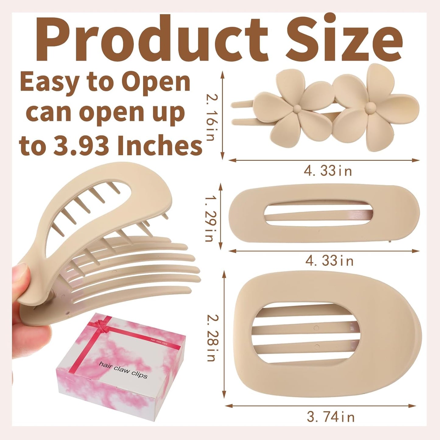 12 Pcs Flat Hair Clips for Women, 3 Styles Matte Flower Hair Clips and Flat Clips, Big and Small Neutral Colors Non-slip Flat Claw Clips Thin Thick Curly Straight Hair Accessories