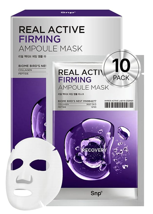 [K Beauty] Real Active Firming Ampoule Sheet Mask | Revitalizing and Strengthening for All Skin Types | Vegan Sheet Masks with 7 Collagen and Peptides | Collagen Face Masks Skincare | 10 Sheets