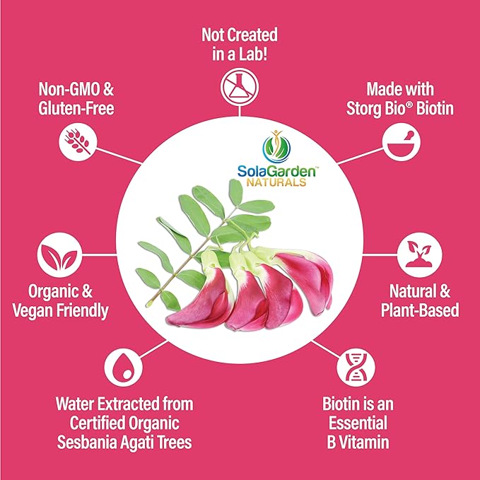 Whole Food Biotin Supplement - Contains Certified Organic Plant Based Biotin from Sesbania Agati Trees - by SolaGarden Naturals. May Support Hair, Skin and Nails. 60 Non GMO Veggie Capsules.