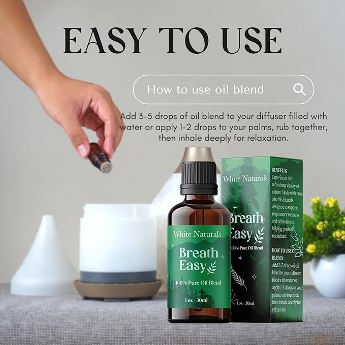 White Naturals Breathe Easy Essential Oil Blend – Refreshing Aromatherapy Oil for Clear Breathing & Comfort, 100% Pure & Natural Essential Oils for Freshness, 1oz