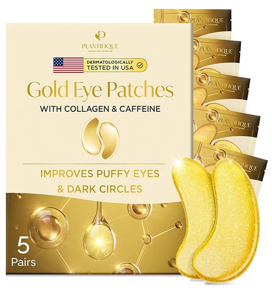 PLANTIFIQUE Gold Eye Patches for Puffy Eyes and Dark Circles 5 Pairs Under Eye Masks for Dark Circles and Puffiness Eye Gels with Collagen & Caffeine Eye Patches Gold Eye Mask Skincare
