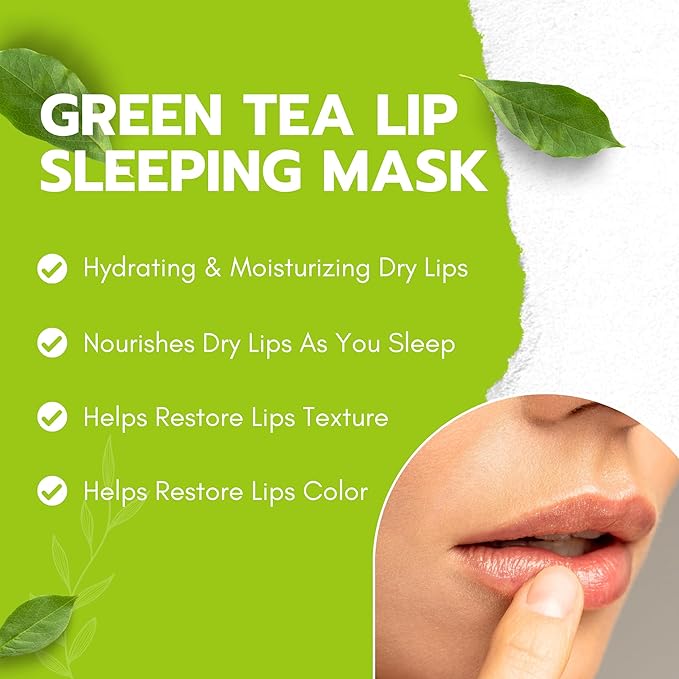 Green Tea Matcha Lip Sleeping Mask Overnight with Applicator, For Dry Lips, Coconut Oil, Vitamin E, Fig Extract, Orchid, and Shea Butter, Moisturizer for Dry, Chapped, Cracked Lips