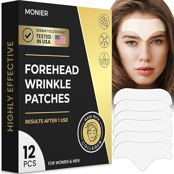 MONIER Forehead Wrinkle Patches Smoothing Overnight - Anti Wrinkle Patches for Face and Forehead Fine Lines & Frown Lines - With Aloe, Collagen, Vitamin E, Hyaluronic Acid | 12 pcs