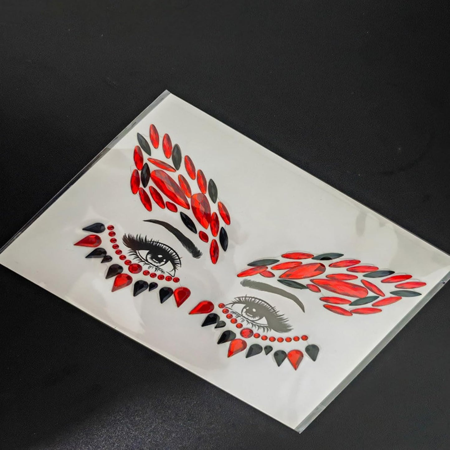 Halloween Face Tattoo Stickers Red & Black Face Gems- Rhinestones Face Decoration for Women & Kids - Vampire, Devil, Witch Costume Makeup Accessories - Spooky Face Art Supplies-2 pack