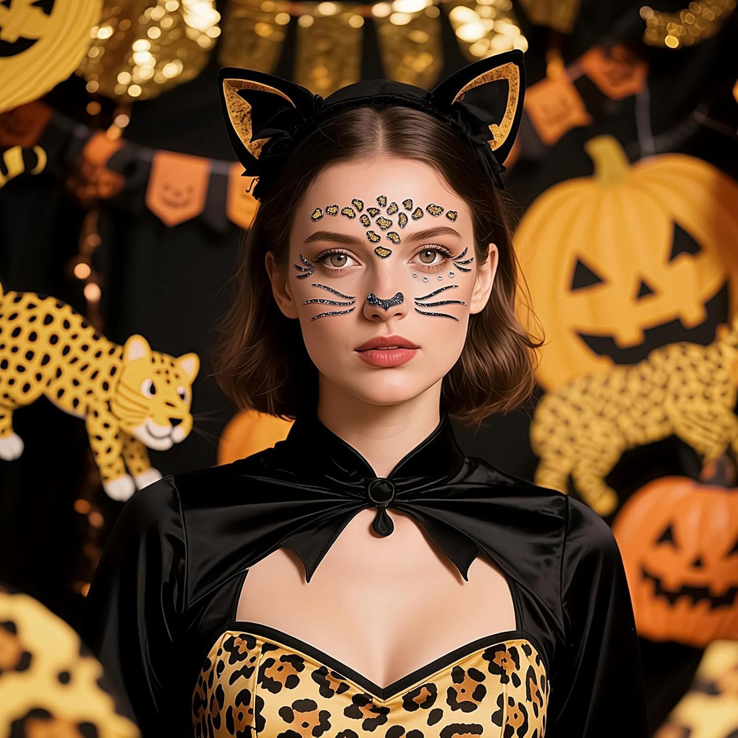 Face Stickers Gems Halloween Temporary Tattoo Sticker Animals Face Sticker Decal Body Face Self-adhesive Sticker Stage Makeup Party Cosplay Decoration 2pcs (cheetah)