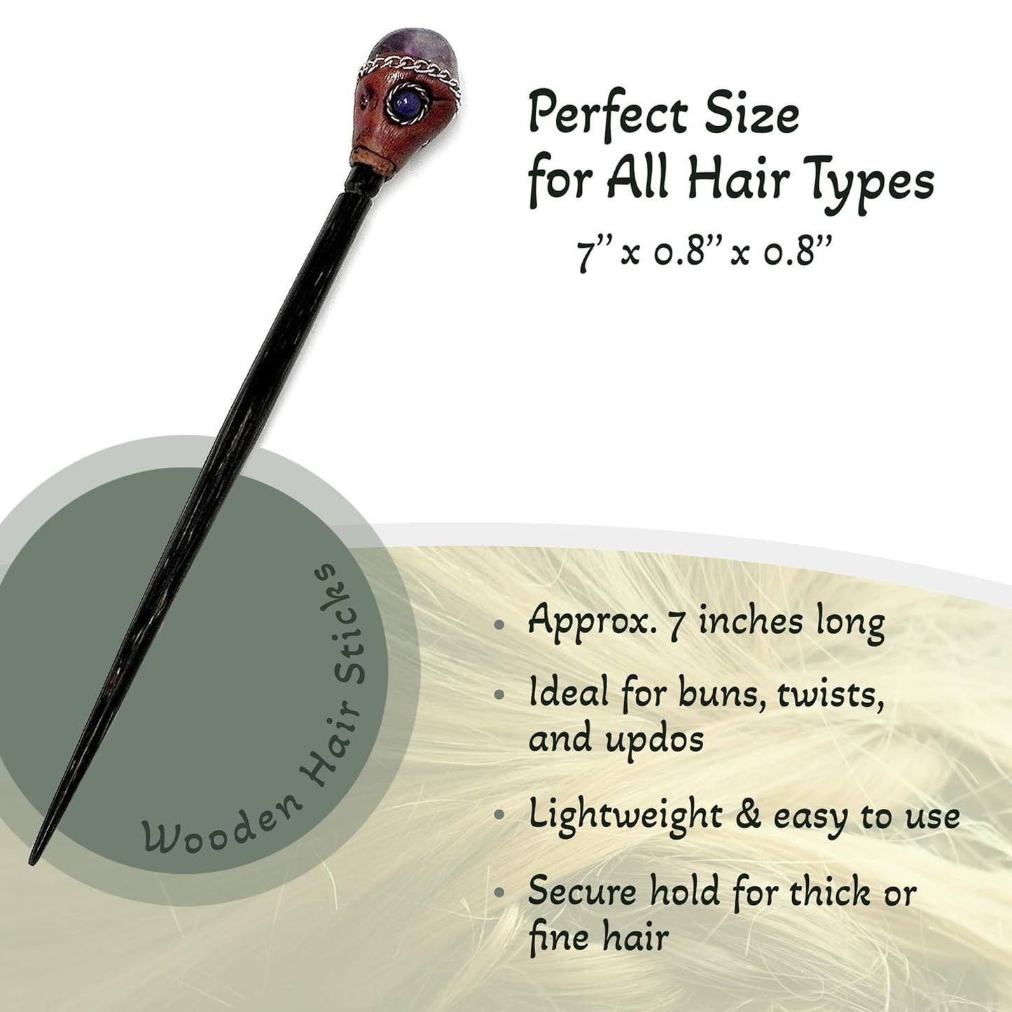 Mia Jewel Shop - Natural Tumbled Healing Gemstone Crystal Chonta Wooden Hair Sticks – Handmade Hair Sticks for Women | Hair Pins Boho Reiki Accessories, Fashion Gifts (Purple Amethyst)