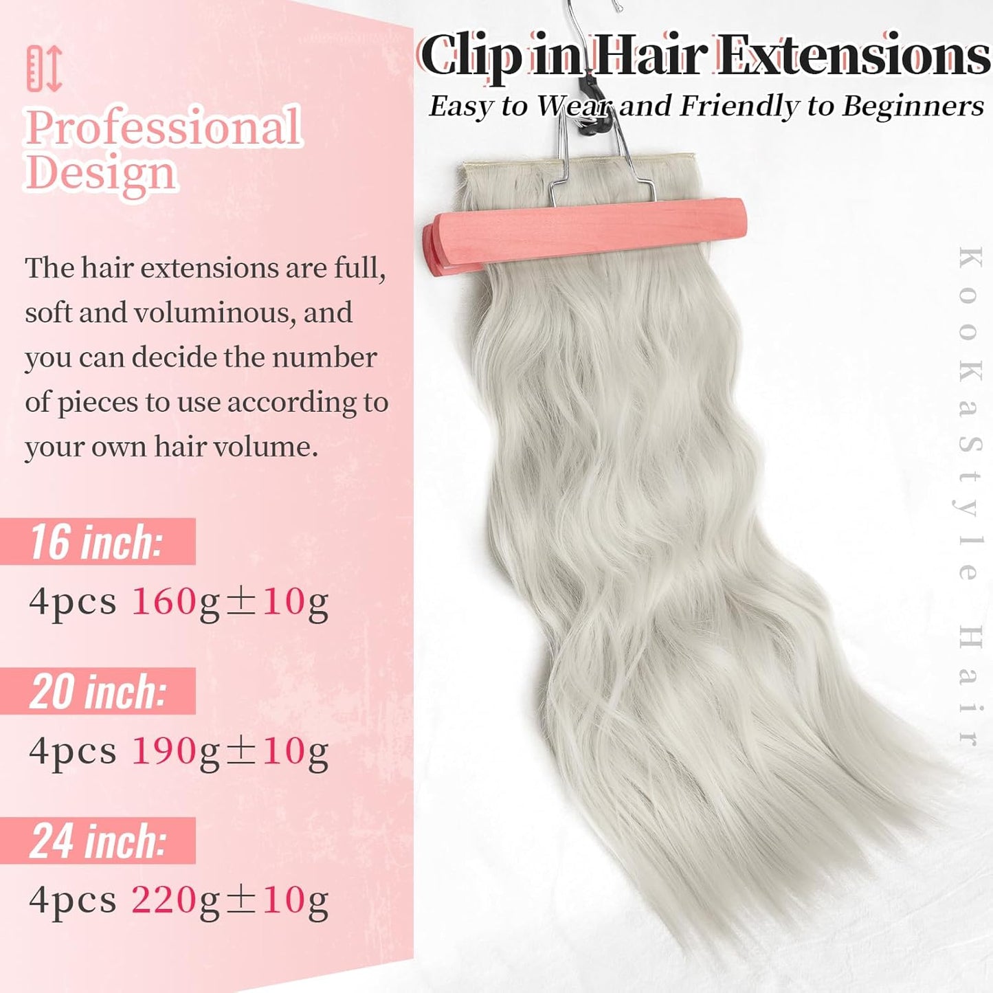 KooKaStyle Clip in Synthetic Hair Extensions Long Wavy 4PCS Thick Hairpieces Silver Grey Blonde Fiber Double Weft Natural Hair Extensions 20 Inch for Women