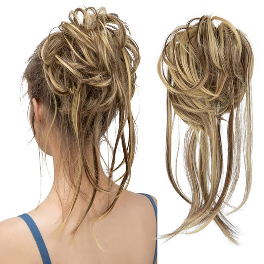 CJL HAIR Messy Bun Hair Piece Curly Hair Bun Extensions with Straight Tails Synthetic Hair Scrunchies Ponytail Hairpieces for Women Brunette/Butter Blonde