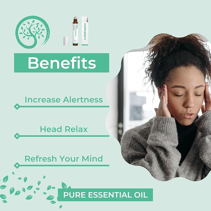 Benatu Peppermint Oil Roll On, Pre-Diluted Natural Essential Oil Blend Roller Travel Size for Skin Care, Aromatherapy, Hair, Body Topical Massage - Head Refresh 10ml