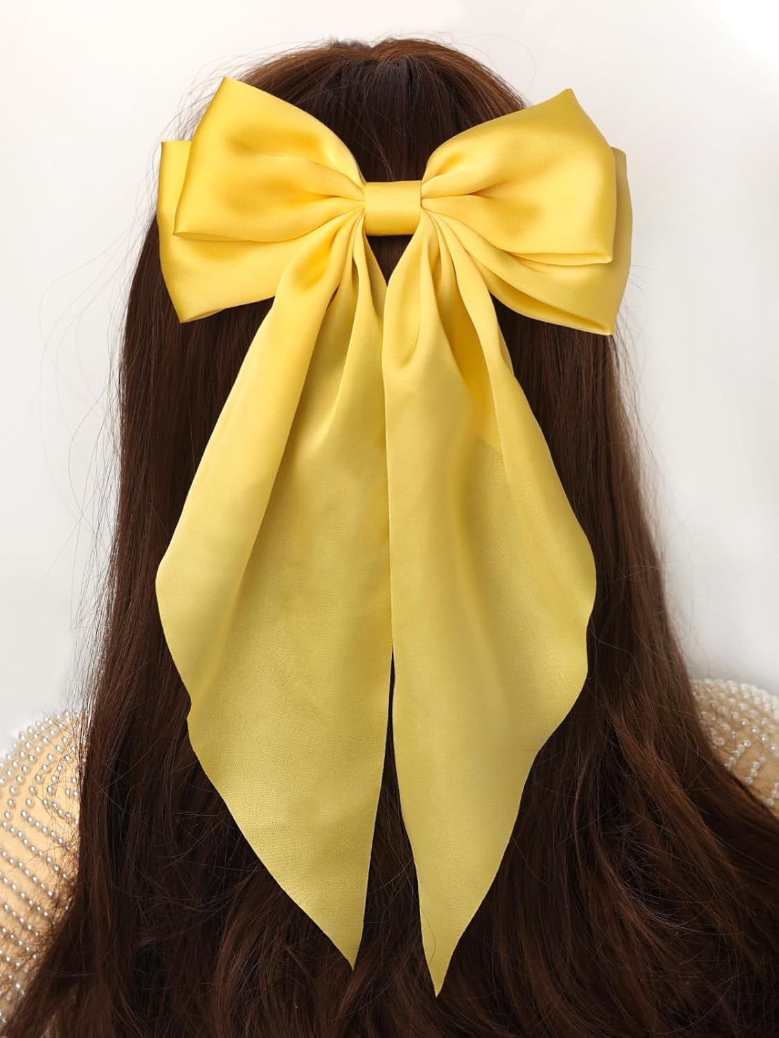 Furling Pompoms Hair Bow Clips, 3pcs Big Bows for Girls with Metal Clip Long Tail, Hair Barrettes Ribbon Women Hair Accessories in Black, Red, Yellow