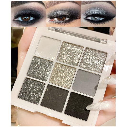 evpct 9 Colors Silver Gray Glitter Eyeshadow Palette, Black Smokey Grey and Silver White Sparkle Glitter Shimmer Shiny Eye Shadow Palette Makeup for older Women, High Pigment Eyeshadow Sombra de ojos