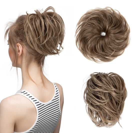 CJL HAIR Large Messy Bun Hair Piece Wavy Curly Scrunchies Synthetic Chignon Ponytail Hair Extensions Thick Updo Hairpieces for Women Brunette and Ash Blonde Tips