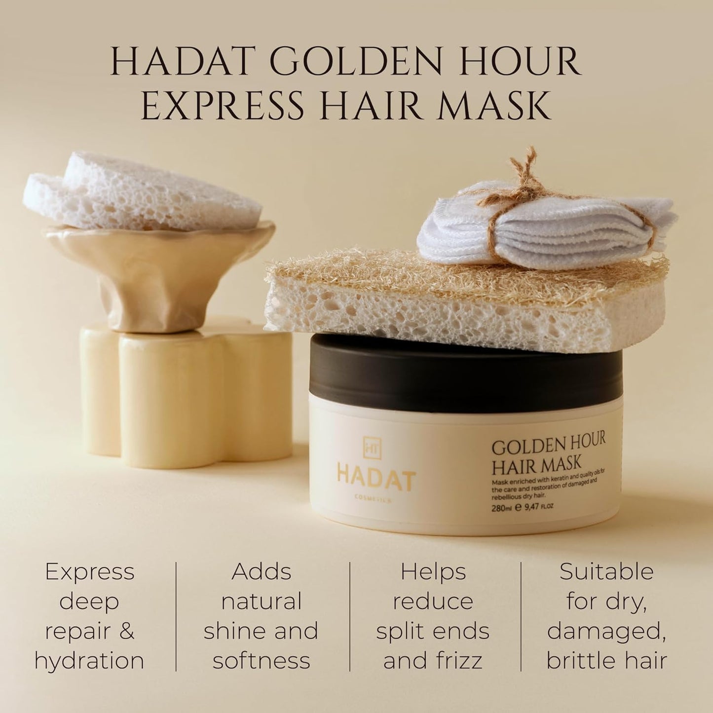 HADAT Golden Hour Express HAIR MASK – Premium Professional Hair Treatment with Pearl Powder – Hydration for Dry Damaged Hair – Nourishing Oils – Split Ends – Salon Quality – Made in Israel, 9.47 Fl Oz