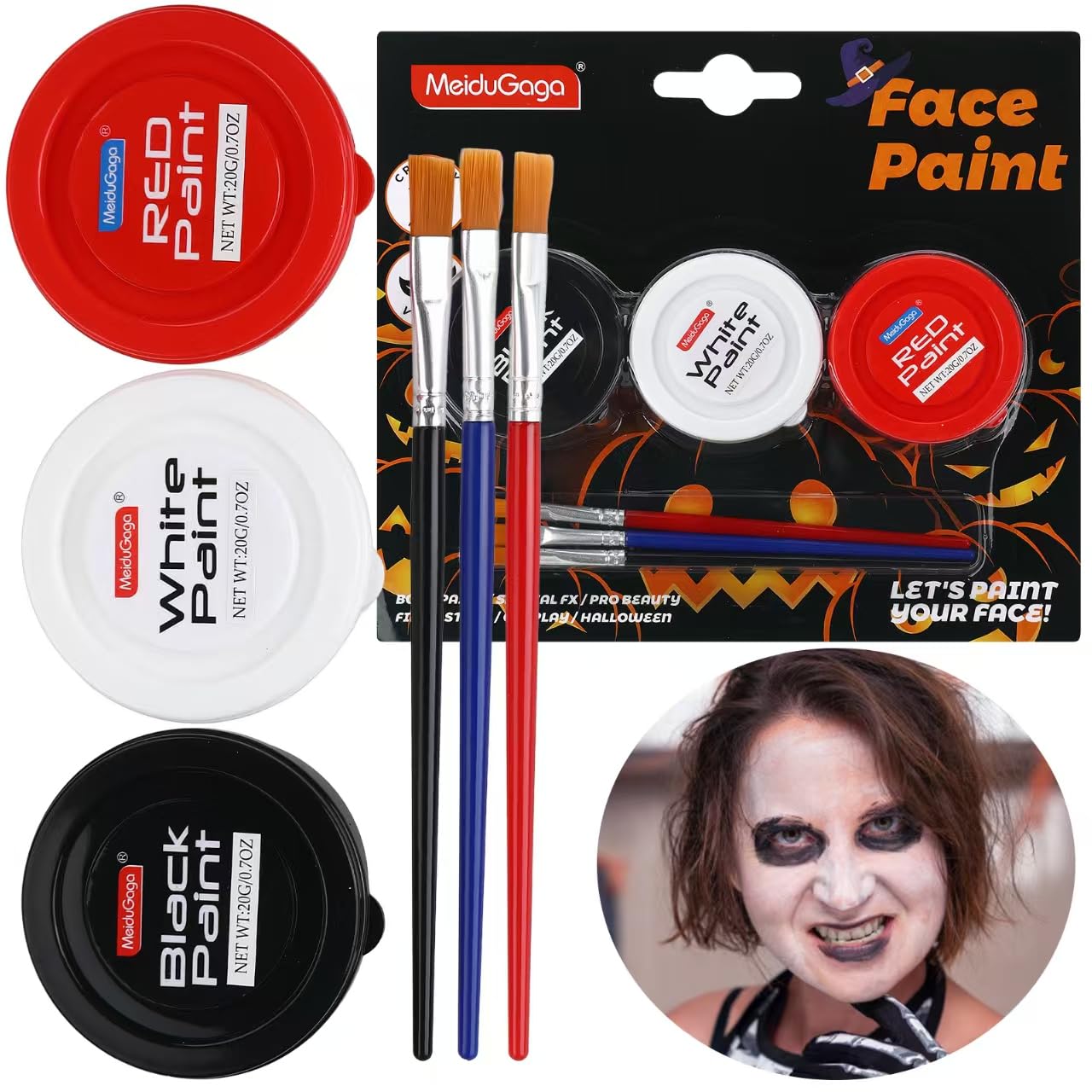 Halloween Makeup Kit, White + Black + Red Face Painting Kit for Adults 60g(2.1 oz), Body Paint Kit with Brushs for Halloween Makeup, Party, Cosplay, Theater
