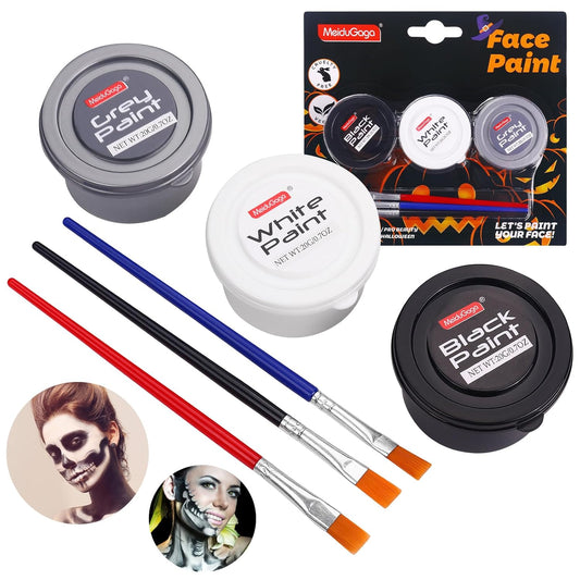 Halloween Makeup Kit, White + Black + Silver Face Painting Kit for Adults 60g(2.1 oz), Body Paint Kit with Brushs for Halloween Makeup, Party, Cosplay, Theater