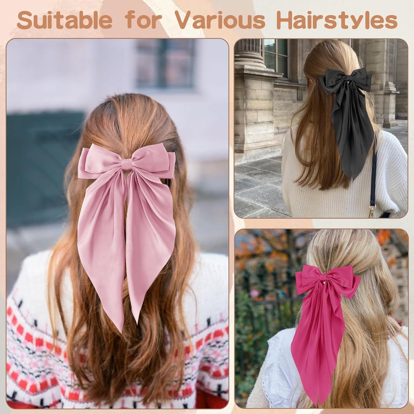Hair Bows for Women, 6 PCS Silky Satin Hair Clips, Large Bow Hair Barrettes, Oversized Long Tail, Pink Color, Metal Bow Hair Clips, Aesthetic Hair Accessories