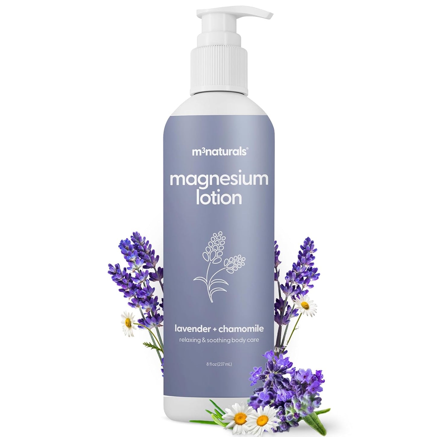 M3 Naturals Lavender & Chamomile Magnesium Lotion for Sleep, Relaxing Nightime Cream for Leg Cramps, Sore Feet and Joints | With Moisturizing Shea Butter, Coconut Oil, Collagen, Stem Cells, 8 fl oz