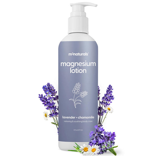 M3 Naturals Lavender & Chamomile Magnesium Lotion for Sleep, Relaxing Nightime Cream for Leg Cramps, Sore Feet and Joints | With Moisturizing Shea Butter, Coconut Oil, Collagen, Stem Cells, 8 fl oz