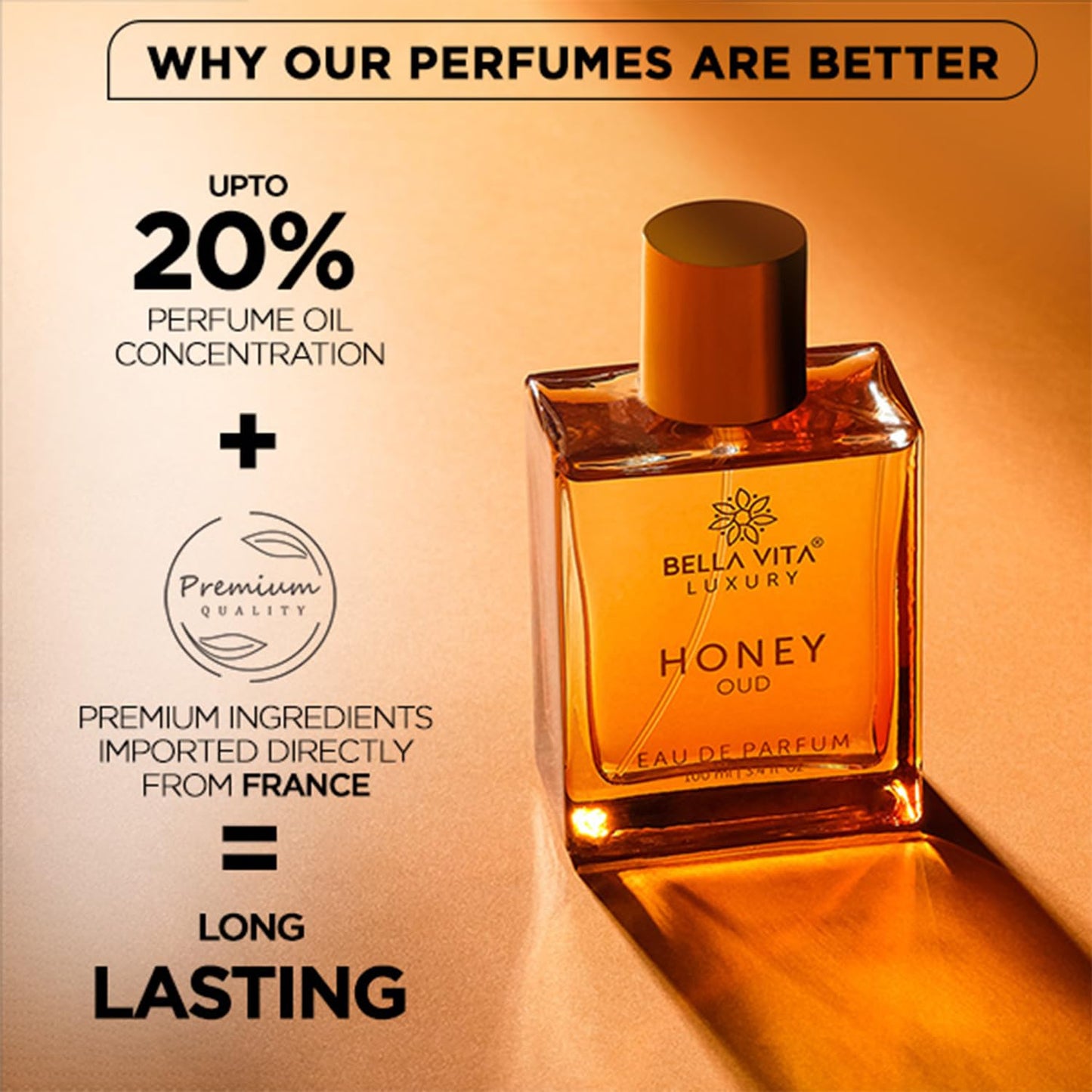 BellaVita Luxury Honey Oud Eau de Parfum (3.4 fl. oz.) | Patchouli, Vanilla, Bergamot, Floral & Spicy + Made with Clean & Vegan Essentials Oils + Cruelty Free | Long-Lasting Unisex Fragrance