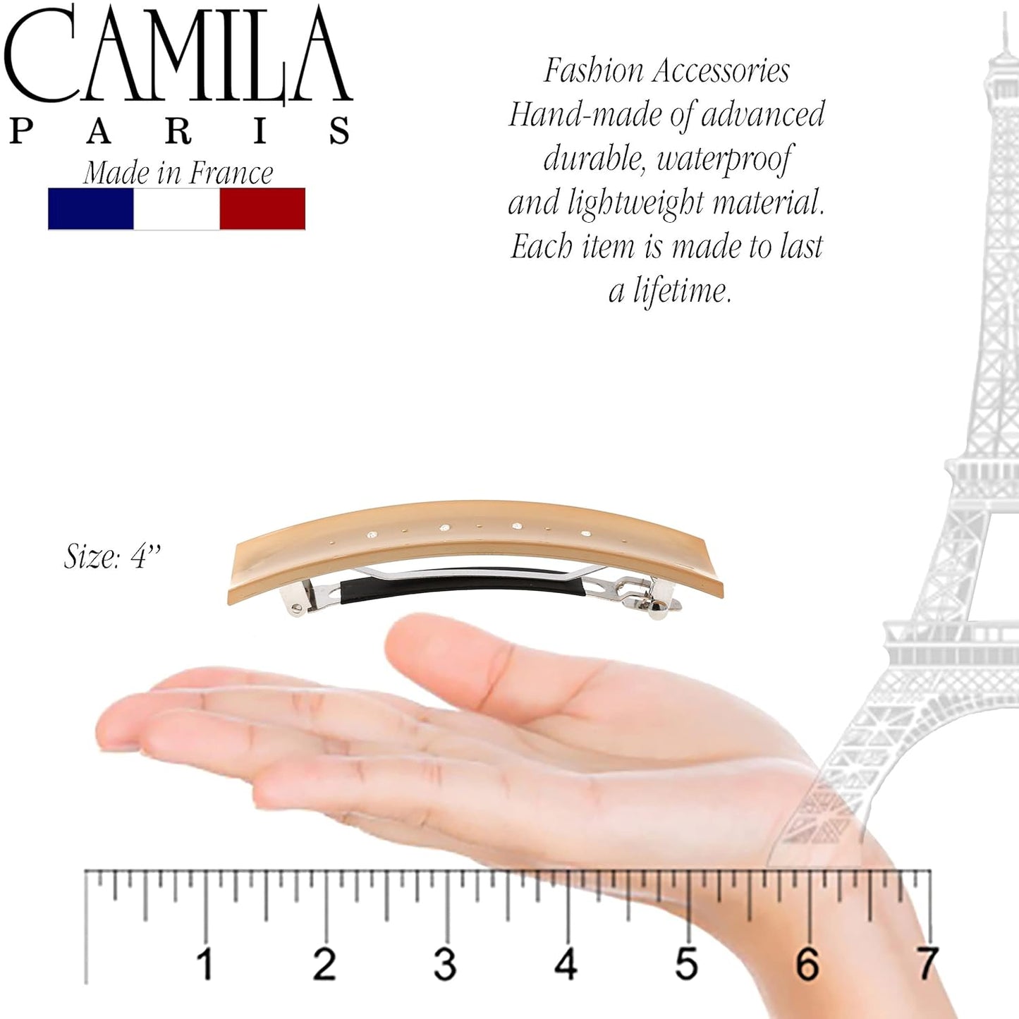 Camila Paris CP3189 French Hair Barrette Clip for Girls, Brown, Rubberized Automatic Clasp Strong Hold Grip Hair Clips for Women, No Slip and Durable Styling Girls Hair Accessories, Made in France
